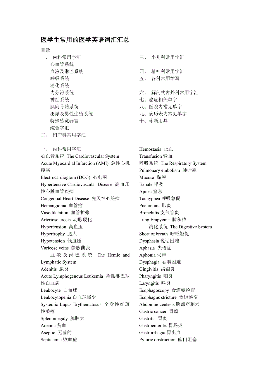 医学生常用的医学英语词汇汇总_第1页