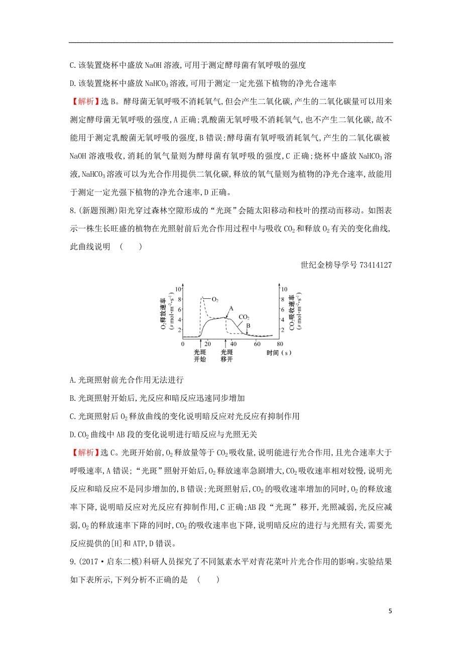 2018届高三生物二轮复习 专题3 2.3（b）专题3细胞呼吸与光合作用专题能力提升练_第5页