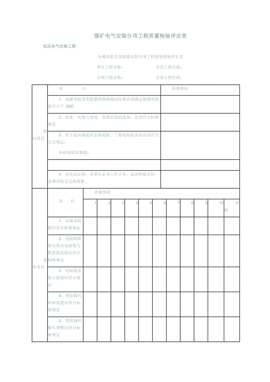 煤矿电气安装分项工程质量检验评定表_第1页