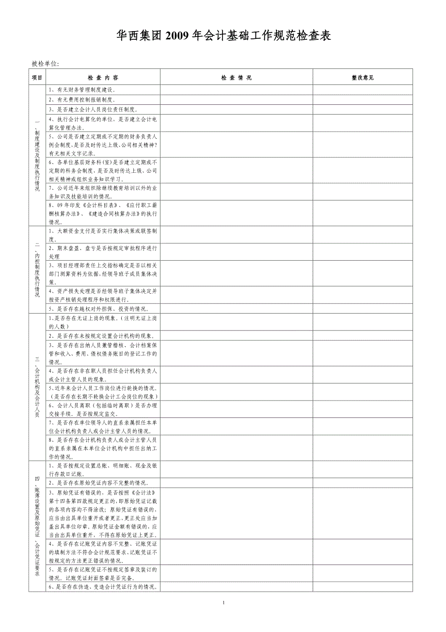 华西集团2009年会计基础工作规范检查表_第1页