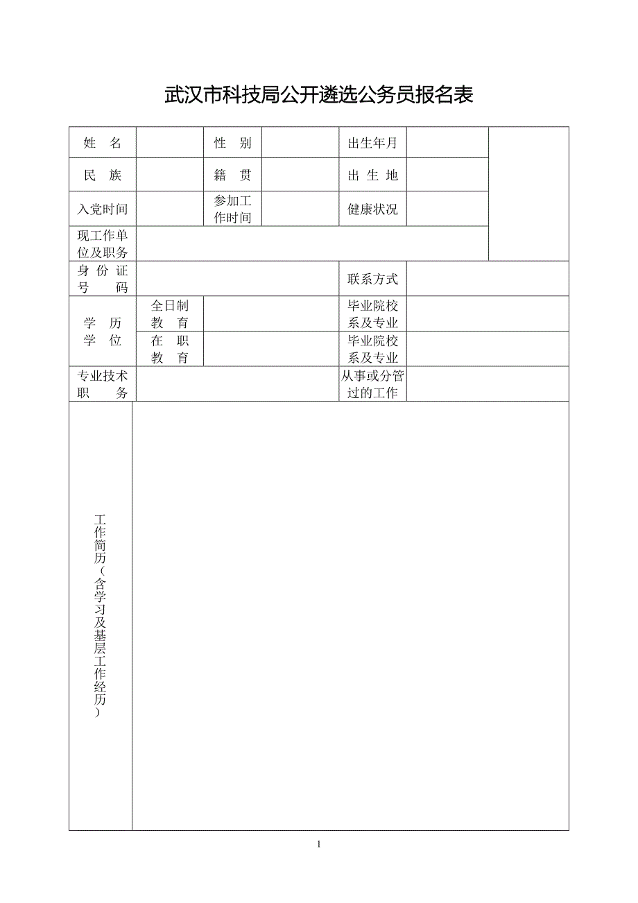 武汉市科技局公开遴选公务员报名表_第1页