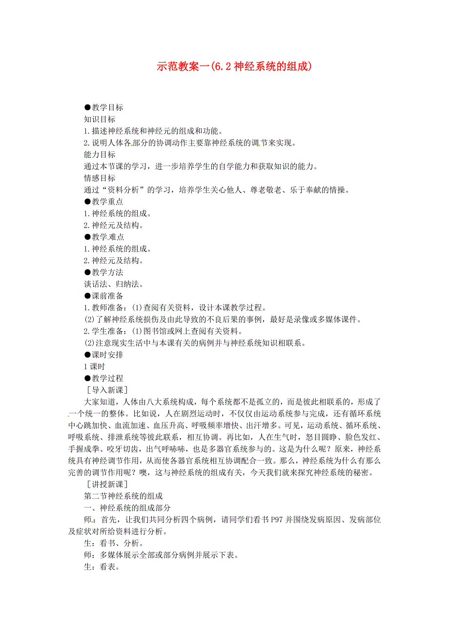 七年级生物下册 第六章 人体生命活动的调节 第二节 神经系统的组成教案1 新人教版_第1页