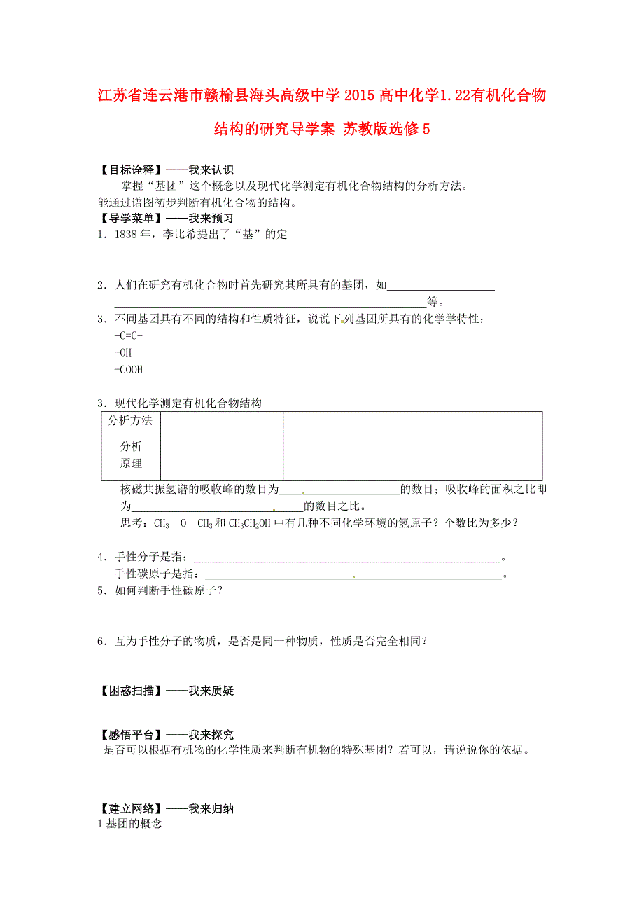 江苏省连云港市2015高中化学 1.22 有机化合物结构的研究导学案 苏教版选修5_第1页