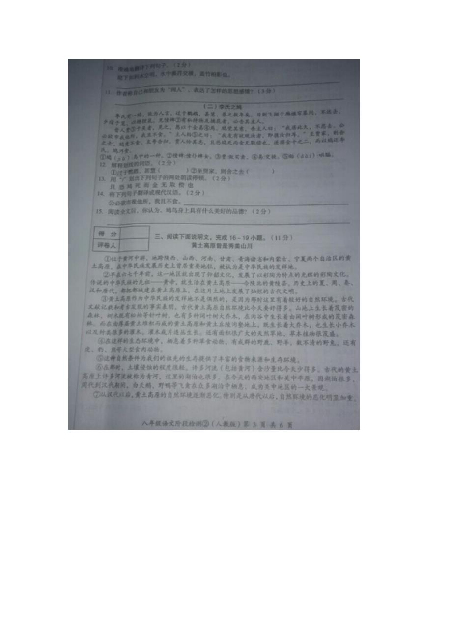 河北省2014-2015学年八年级语文上学期阶段检测试题（2）（扫描版）_第3页