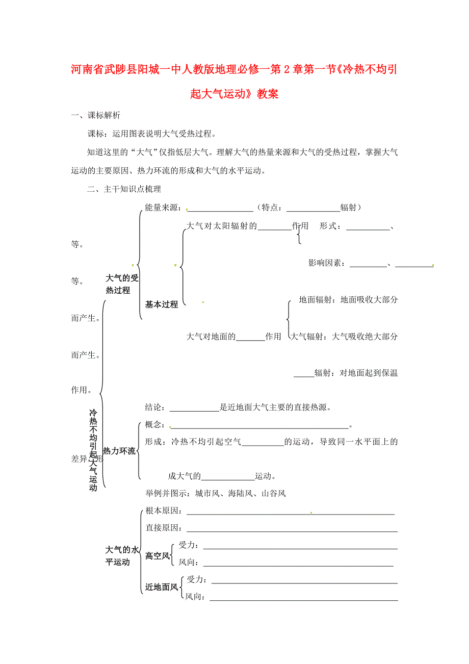 河南省武陟县阳城一中高中地理 第2章第一节《冷热不均引起大气运动》教案 新人教版必修1_第1页