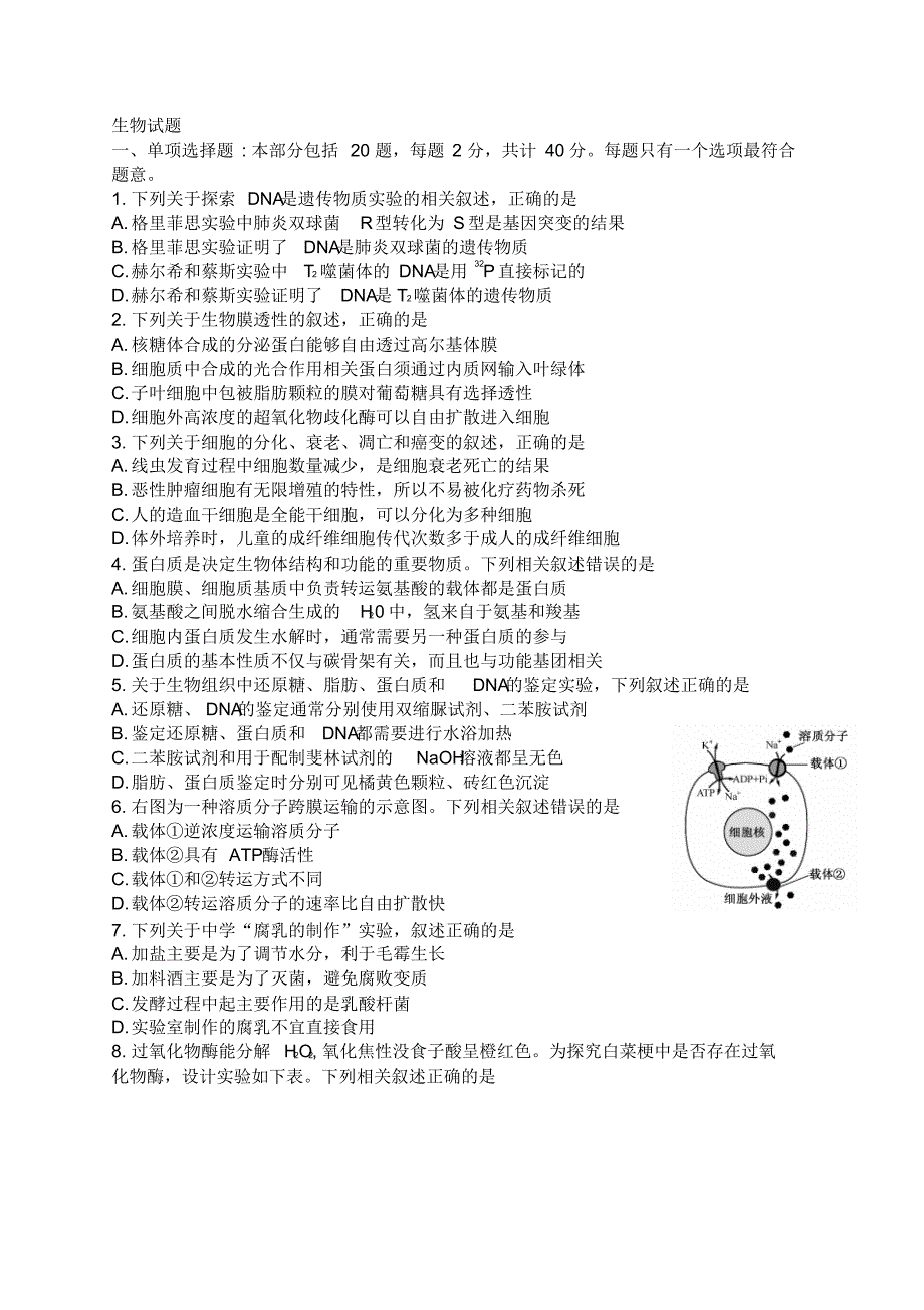 2016江苏高考生物试题及参考答案_第1页