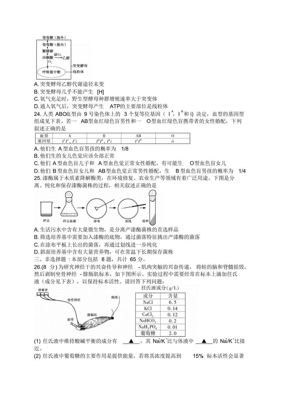 2016江苏高考生物试题及参考答案_第5页