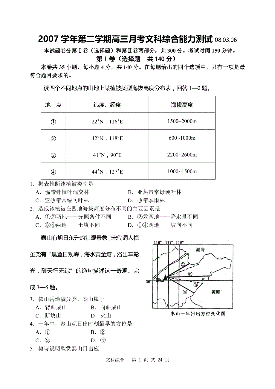 2007学年第二学期高三月考文科综合能力测试文综_第1页