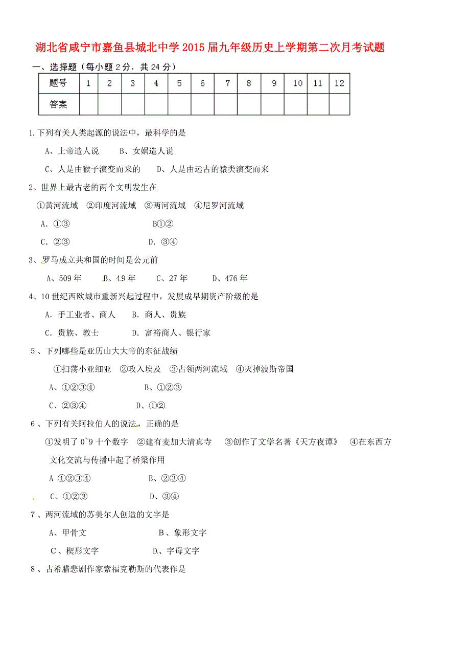 湖北省咸宁市嘉鱼县城北中学2015届九年级历史上学期第二次月考试题（无答案）_第1页