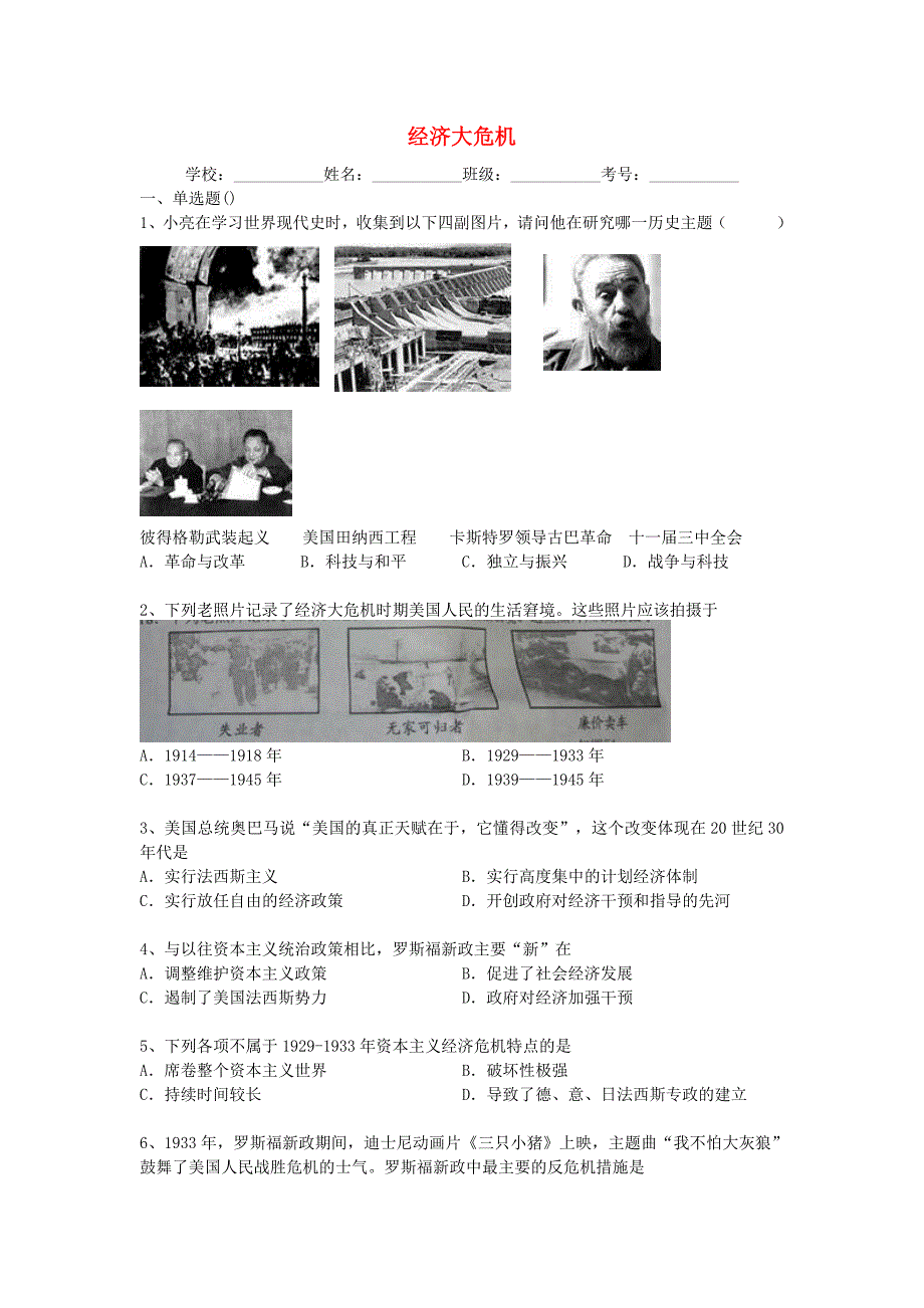 中考历史二轮专题复习 经济大危机_第1页