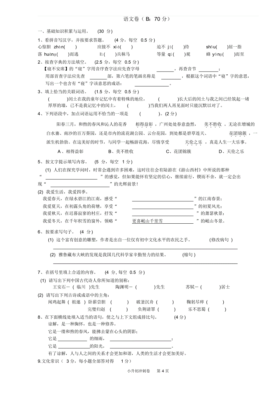 2016名校小升初测试真题卷_第4页