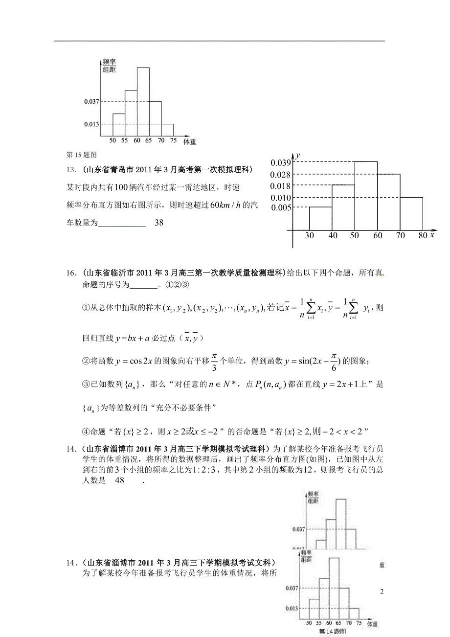 2011年山东省十七地市高考数学模拟试题分类汇编——统计_第2页