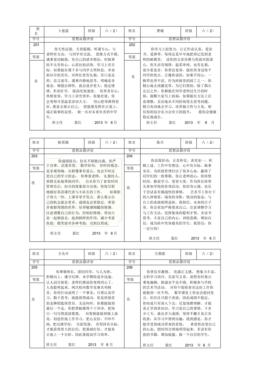 六年级学生品德评语表第二学期_第1页