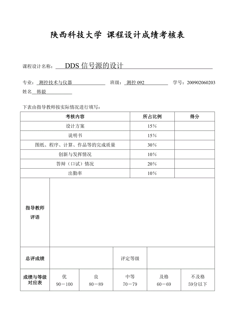 [专业文献]课程设计成绩考核表_第1页