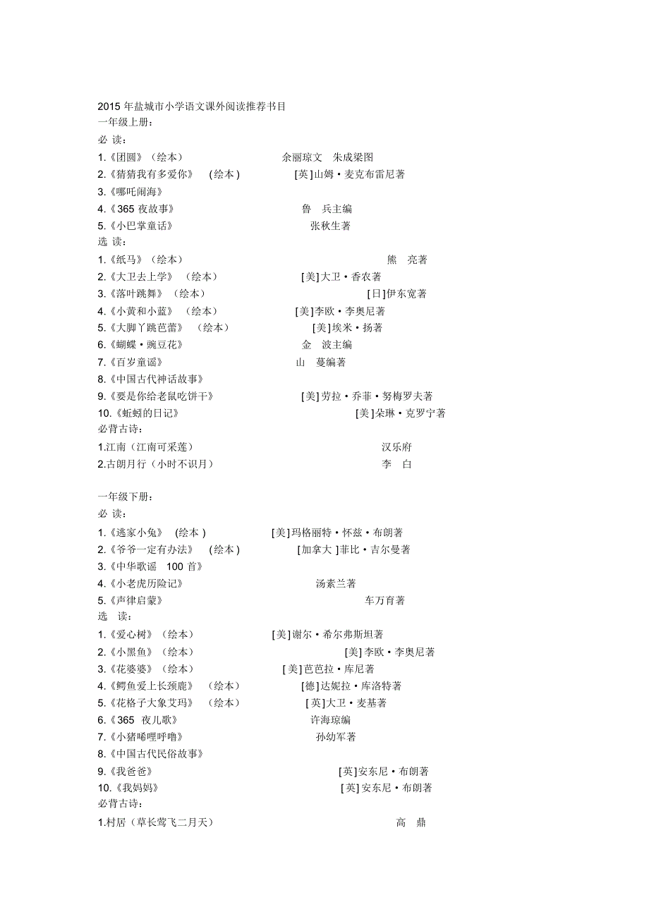 2015年新调整的盐城市小学语文课外阅读书目_家长必看_第1页