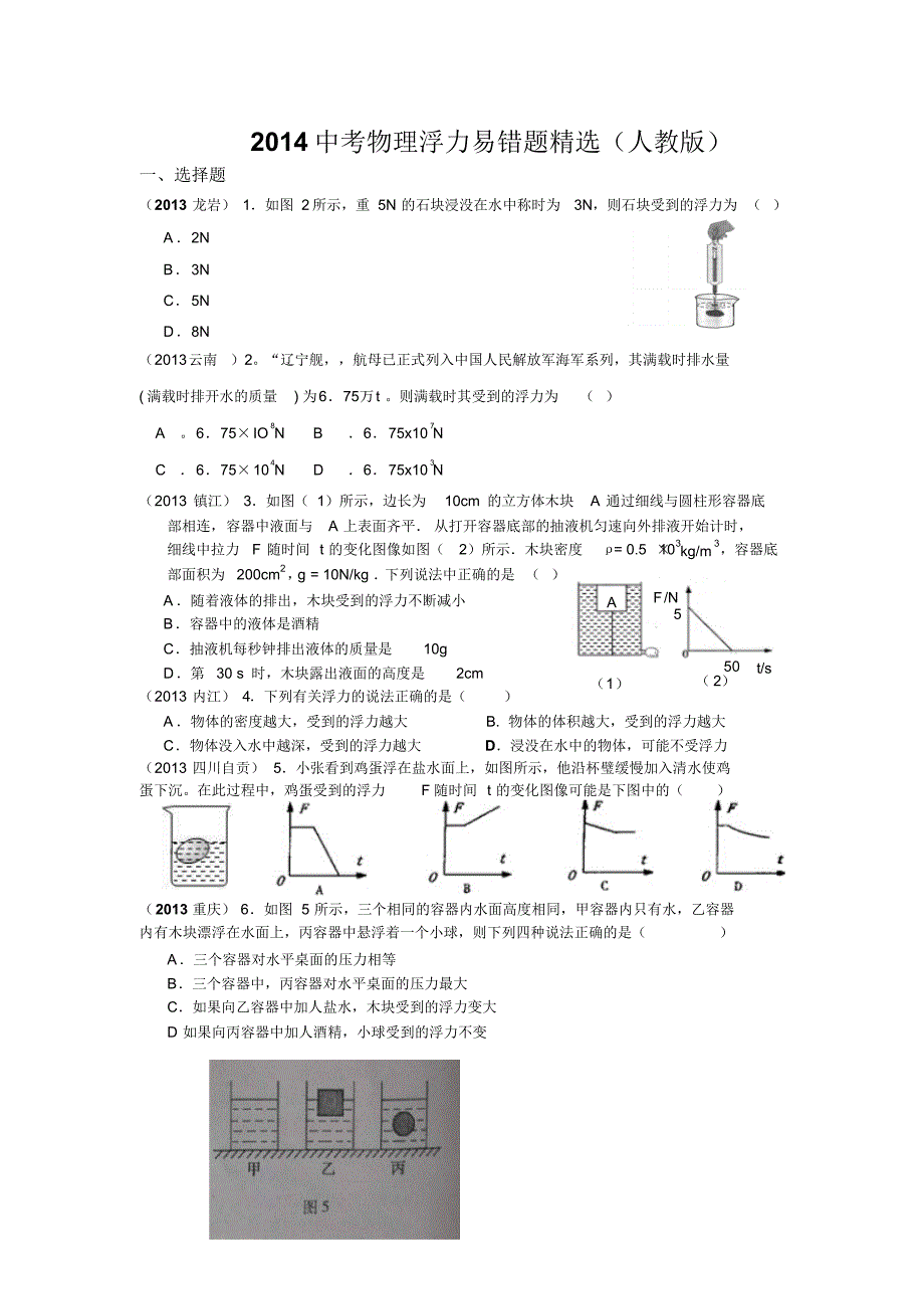 2014中考物理浮力易错题精选_第1页