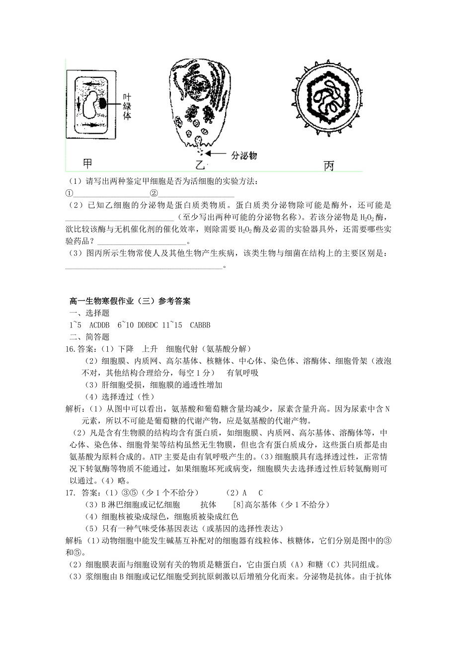 高一生物寒假作业（三） _第4页