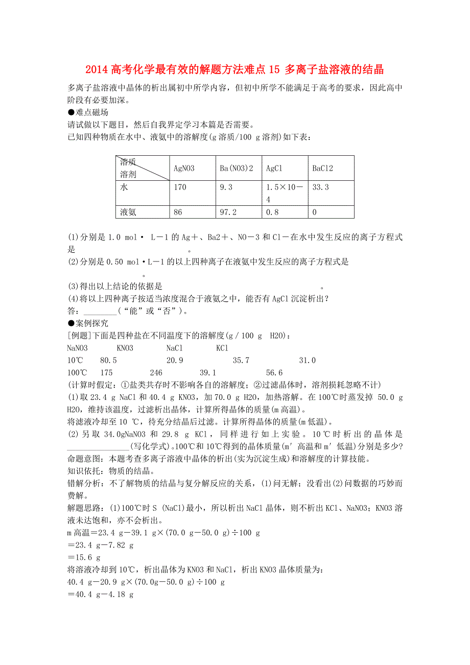 高考化学最有效的解题方法难点15 离子盐溶液的结晶_第1页