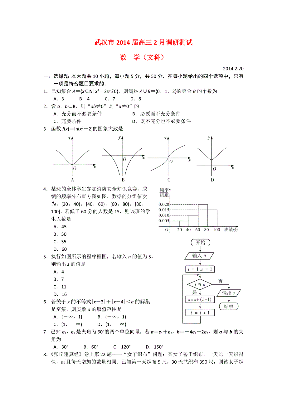 湖北省武汉市2014届高三数学2月调研测试试题 文 新人教a版_第1页