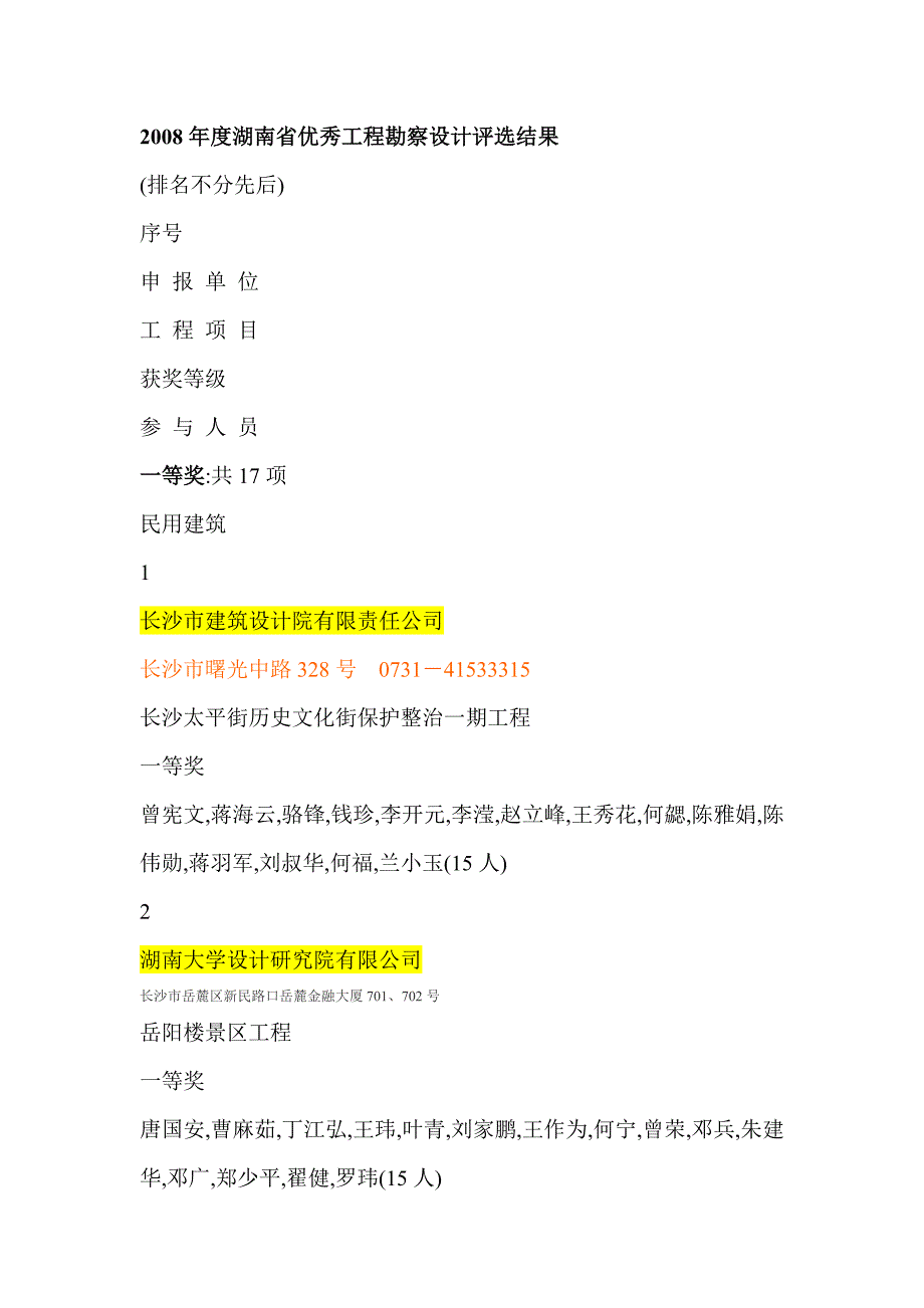 2008年度湖南省优秀工程名录_第1页