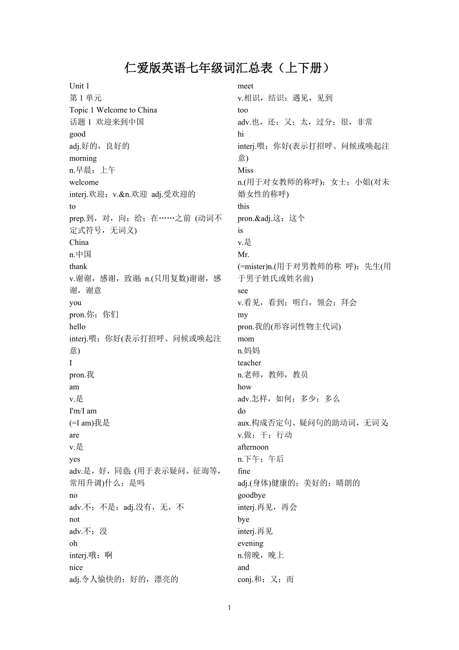 仁爱版英语七年级词汇总表上下册_第1页