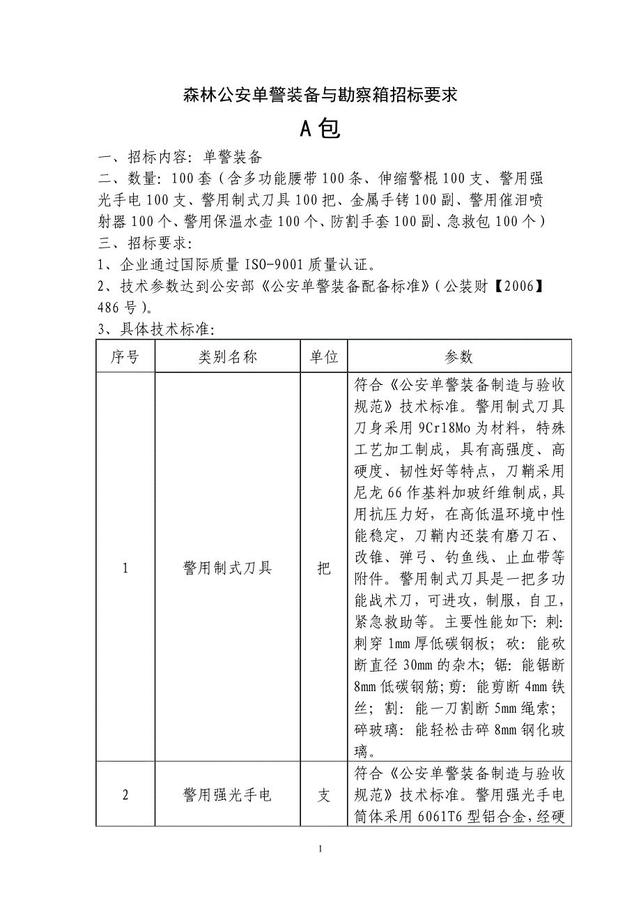 森林公安单警装备与勘察箱招标要求_第1页