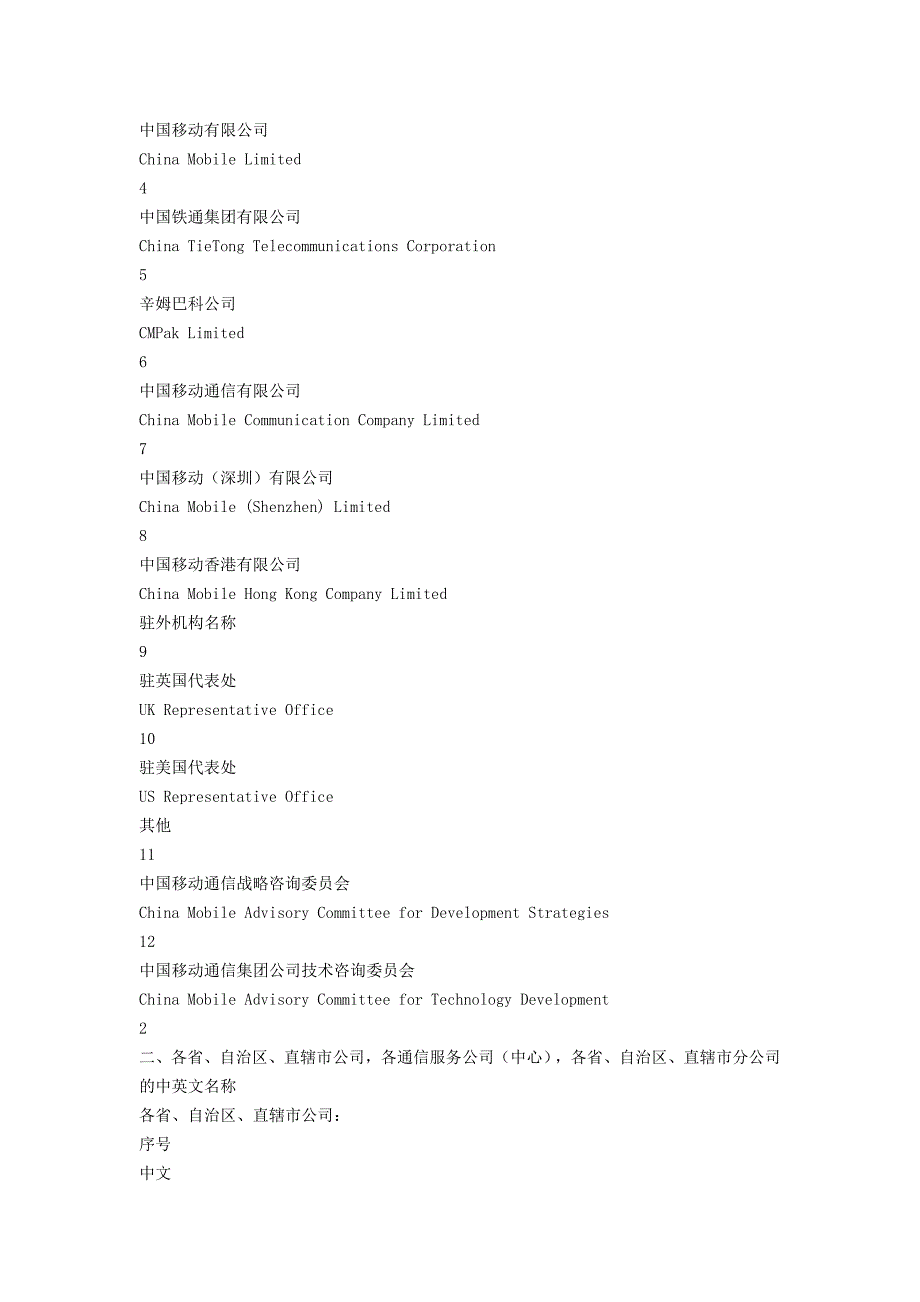中国移动通信集团公司中、英文名称对照表_第2页
