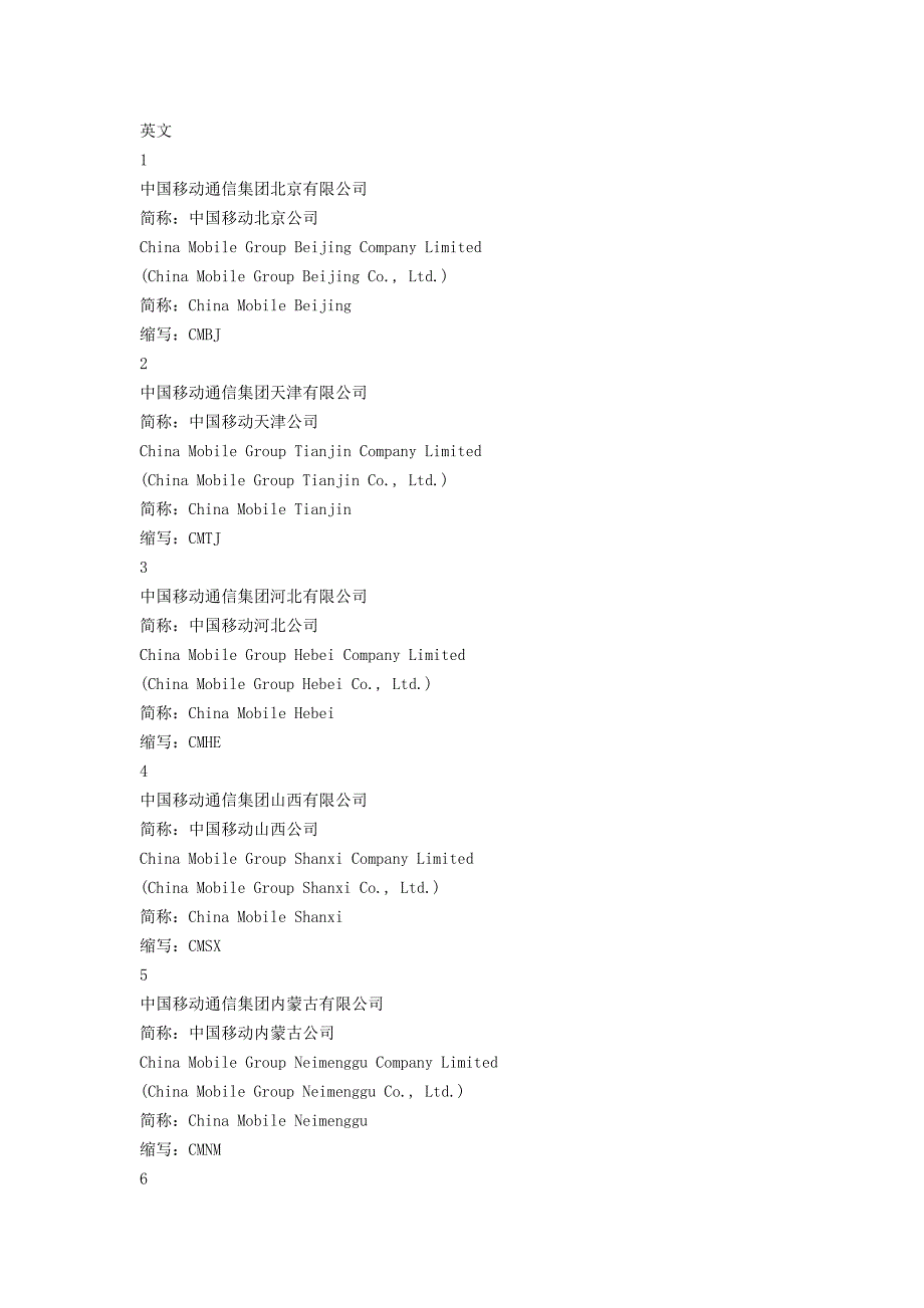中国移动通信集团公司中、英文名称对照表_第3页