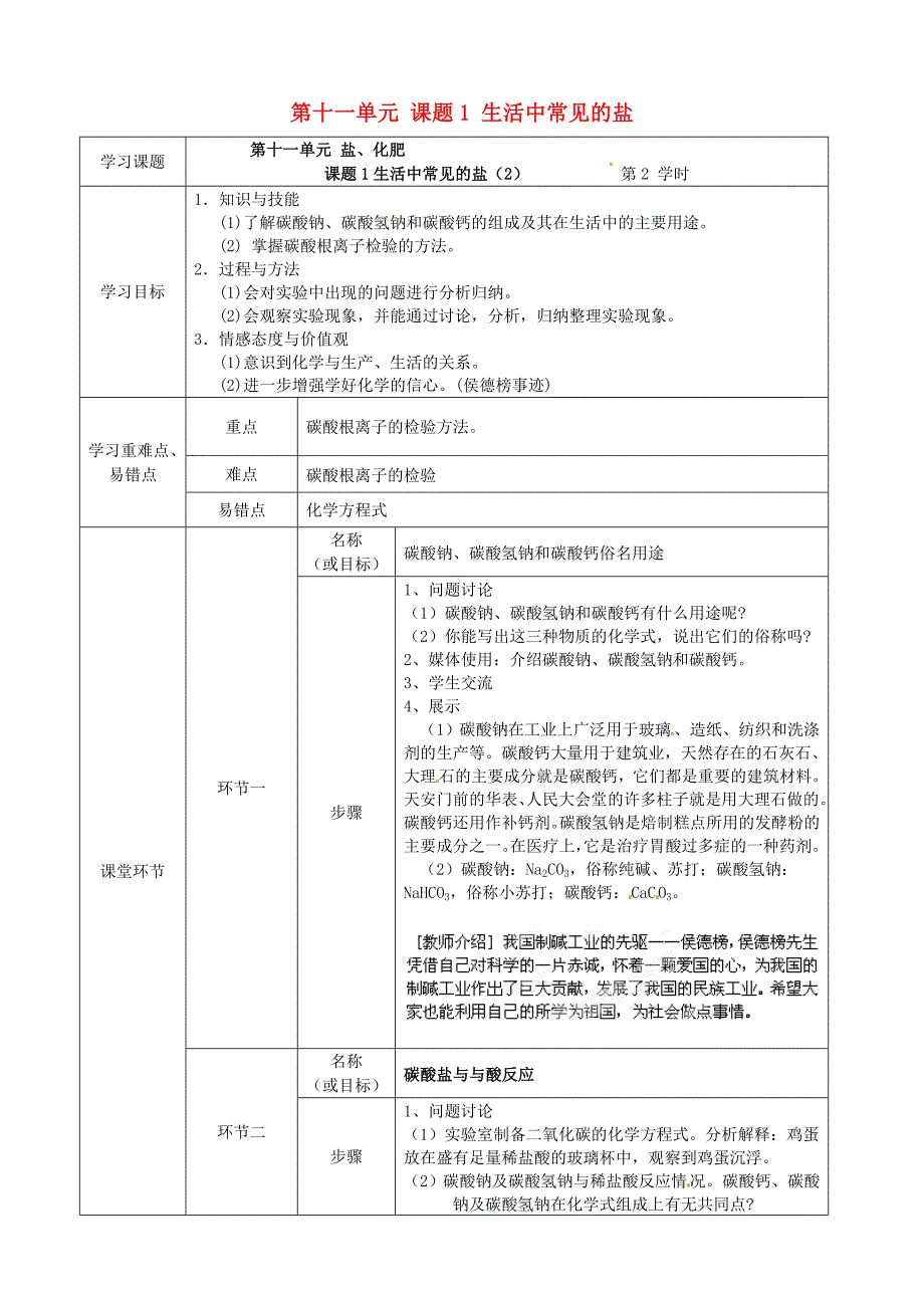 河北省石家庄市第八中学2014届九年级化学下册 第十一单元 课题1 生活中常见的盐（第二课时）导学案（无答案） 新人教版_第1页