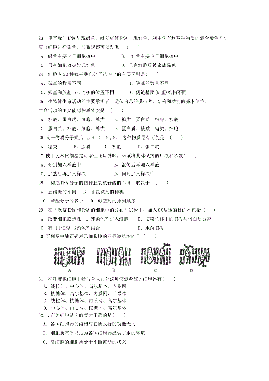 河北省衡水市2014-2015学年高一生物上学期期末考试试题（无答案）_第3页