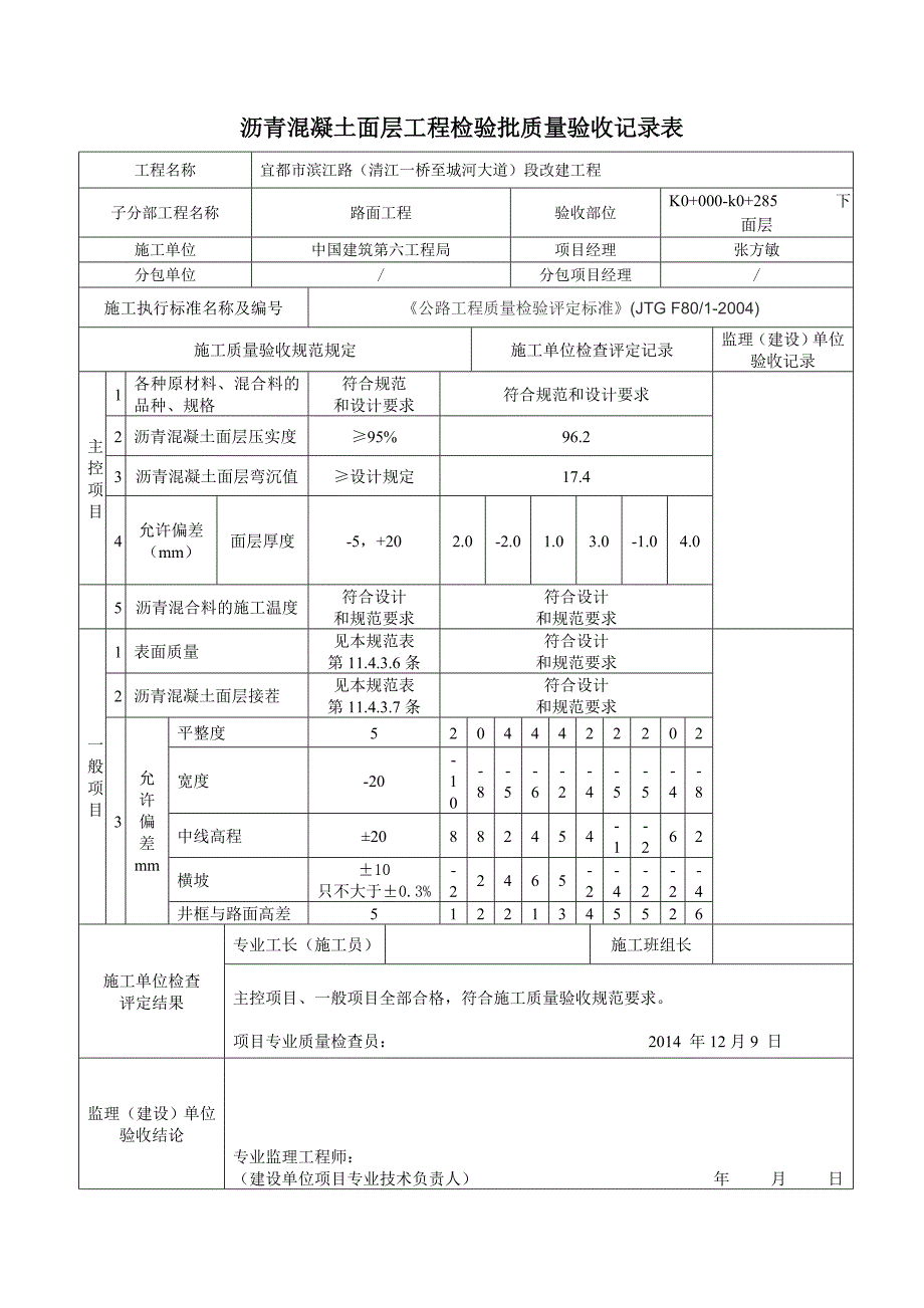 沥青混凝土面层工程,检验批质量验收记录表_第1页