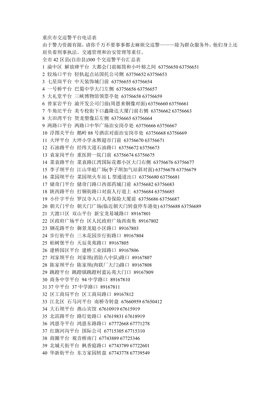 重庆市交巡警平台电话表_第1页