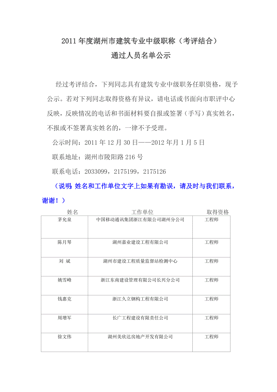 2011年度湖州市建筑专业中级职称_第1页