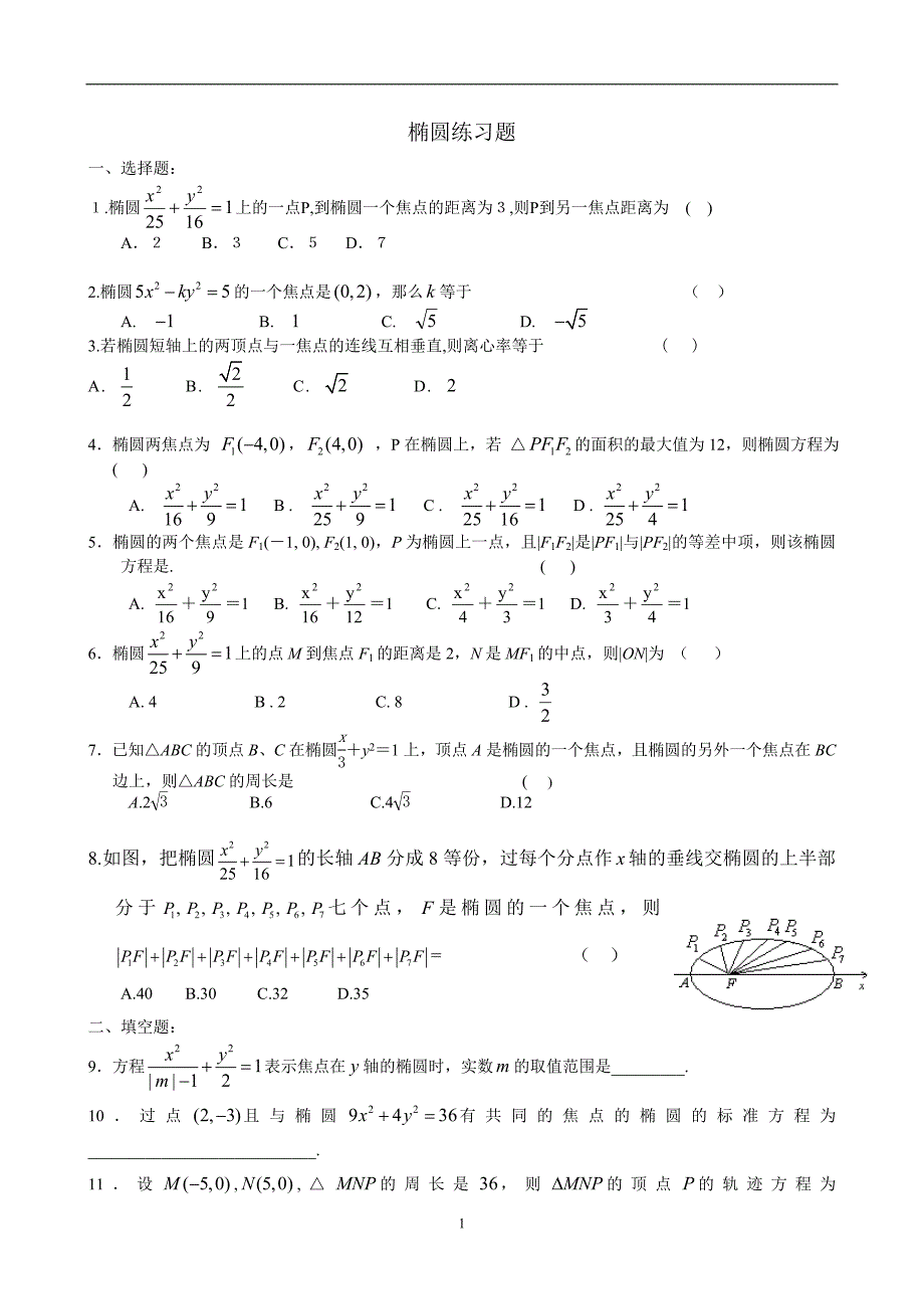 [高二数学]215椭圆及双曲线部分1练习题_第1页