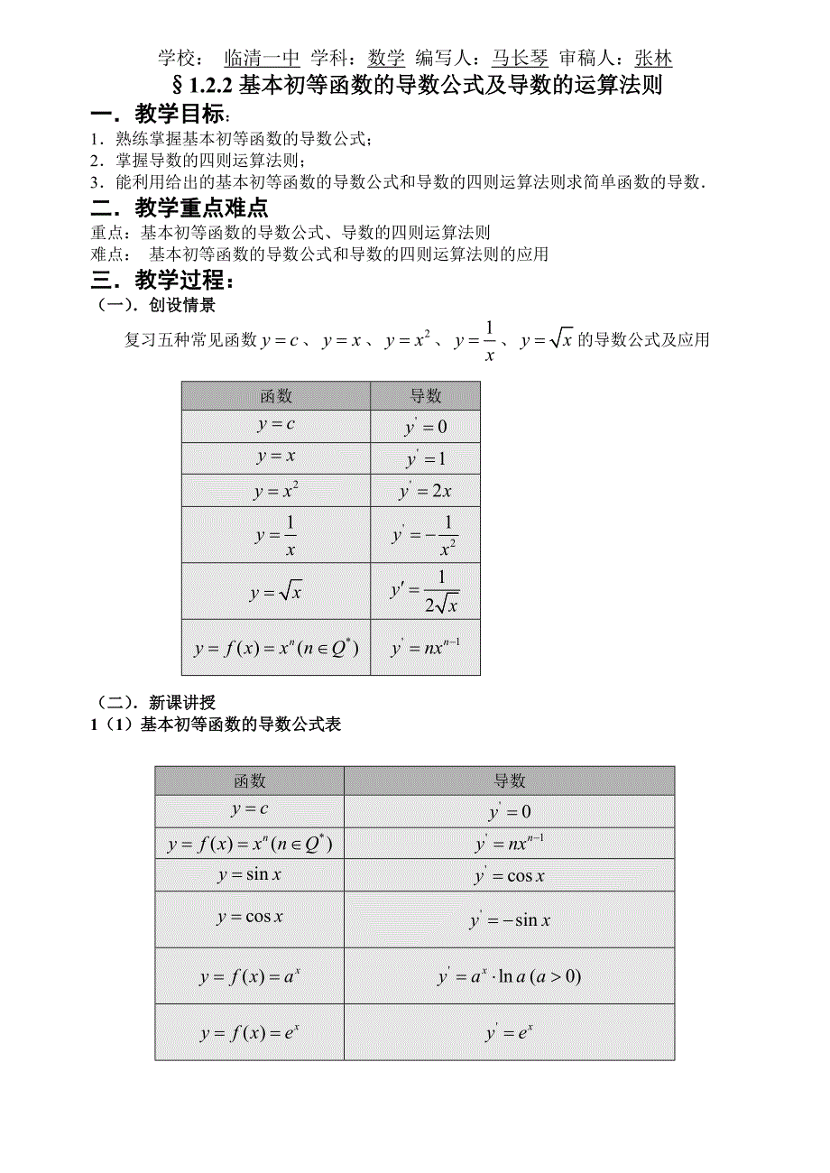 基本初等函数的导数公式及导数的运算法则教案马长琴_第1页