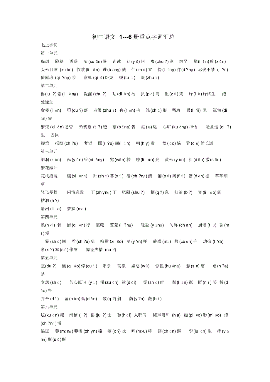 初中语文1---6册字词汇总带拼音无错处_第1页