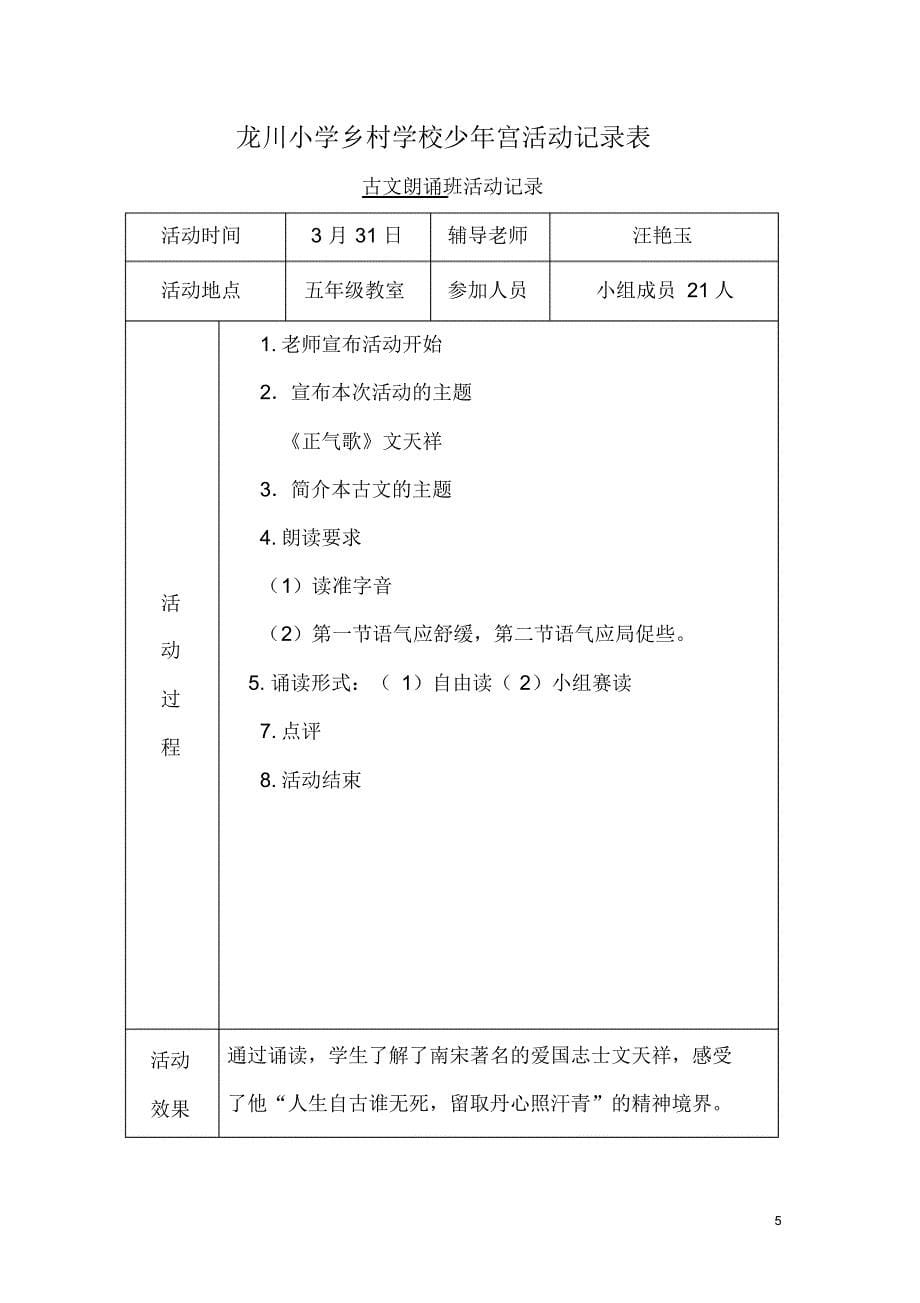 龙川小学乡村少年宫活动记录表_第5页