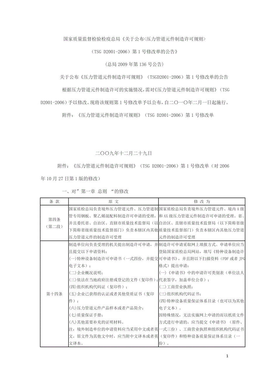 压力管道元件制造许可规则第一号修改单_第1页