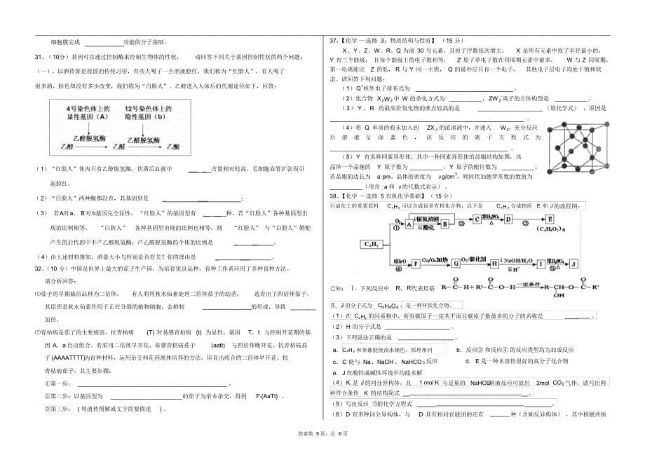 天马高中高三理综测试(2015年3月26日)_第5页