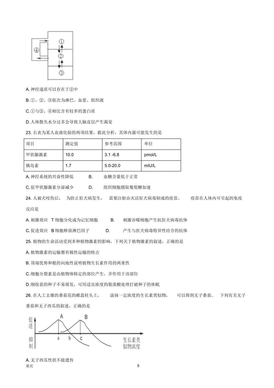 2017届湖北省黄石市高三9月份调研考试生物试题_第5页