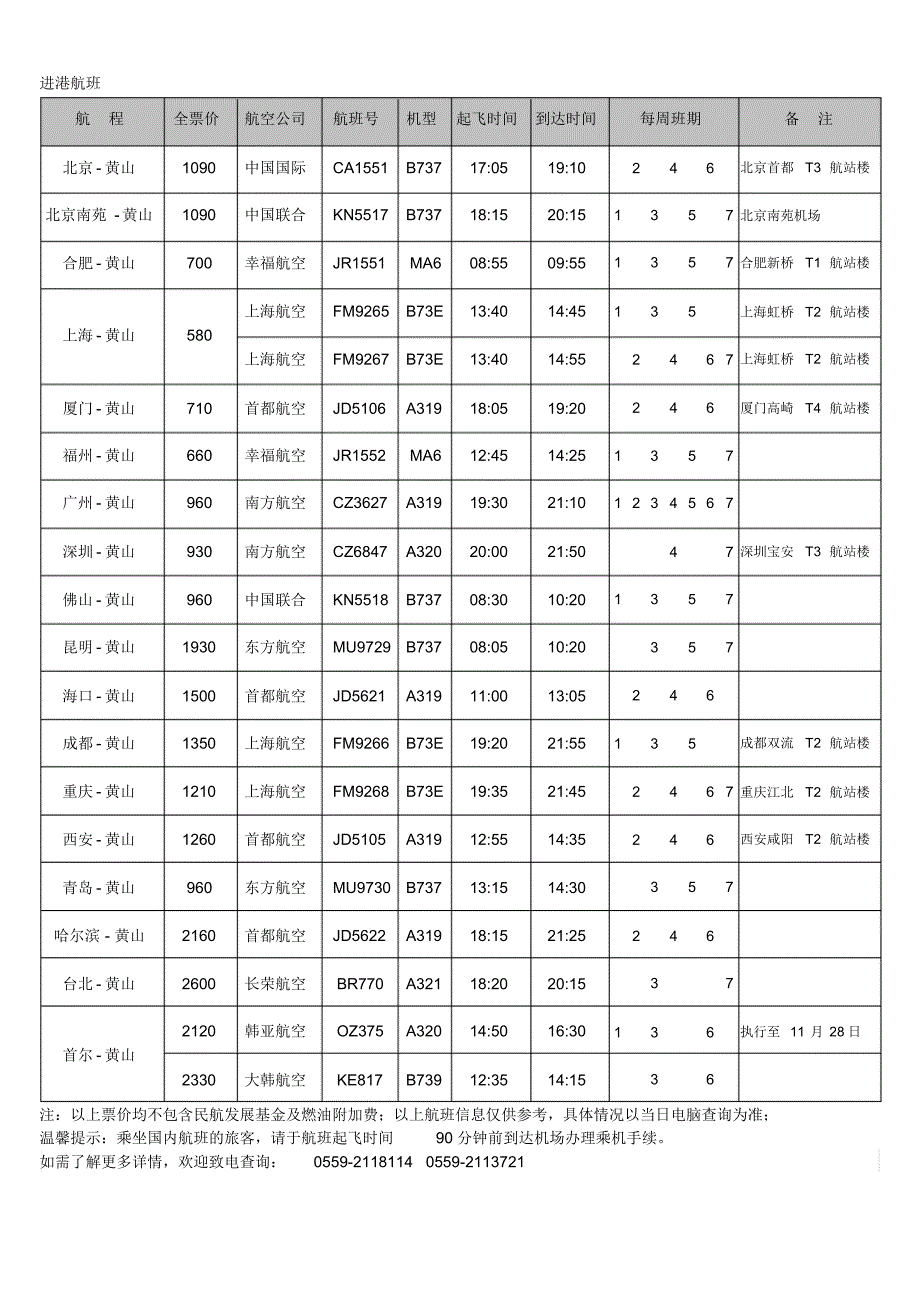 黄山机场2015-2016年冬春季航班时刻表(20151025更新)_第2页