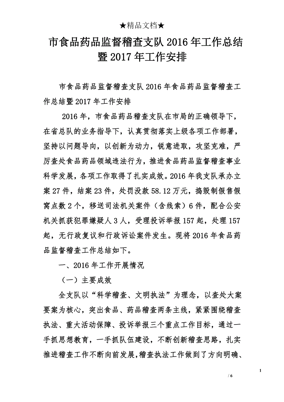 市食品药品监督稽查支队2016年工作总结暨2017年工作安排_第1页