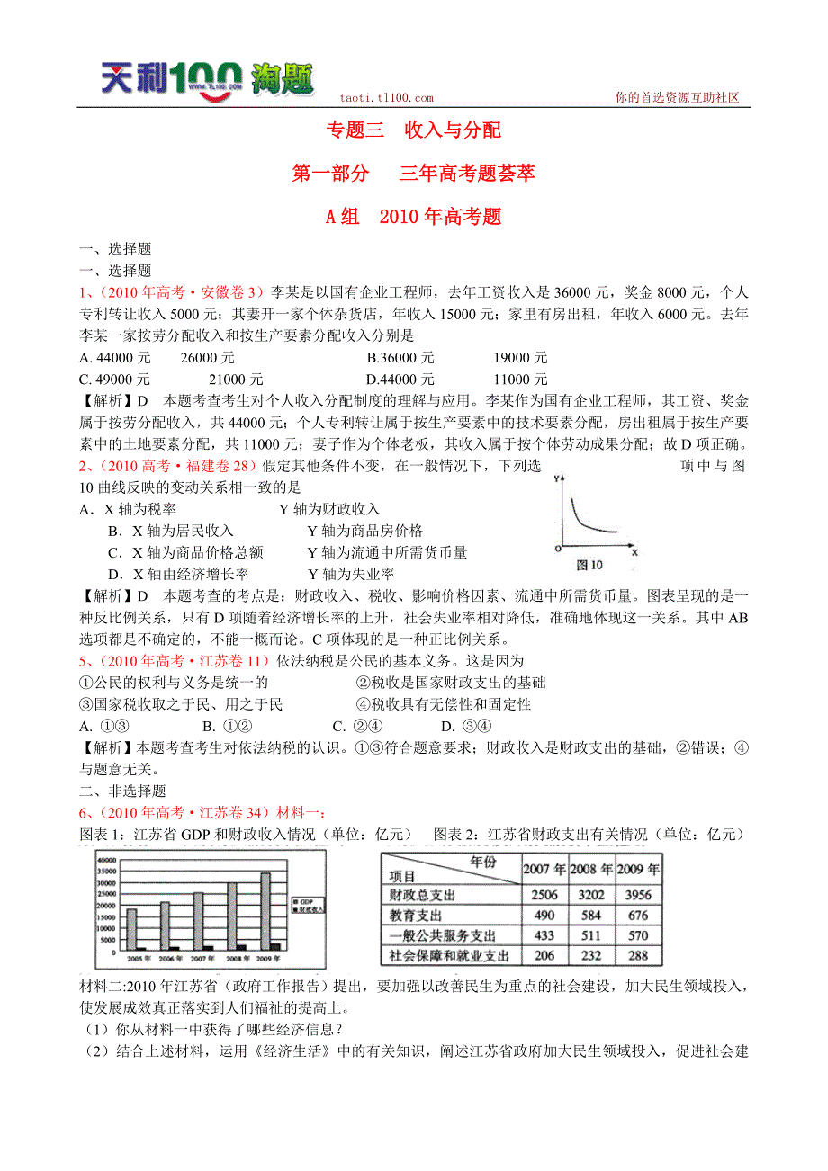 政治2011版《3年高考2年模拟》课改：专题3收入与分配经济生活_第1页