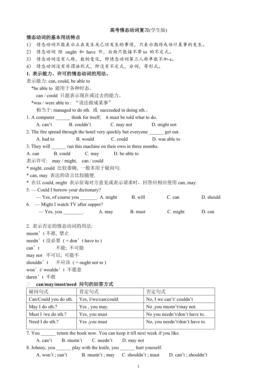 高考情态动词复习(学生版)_第1页