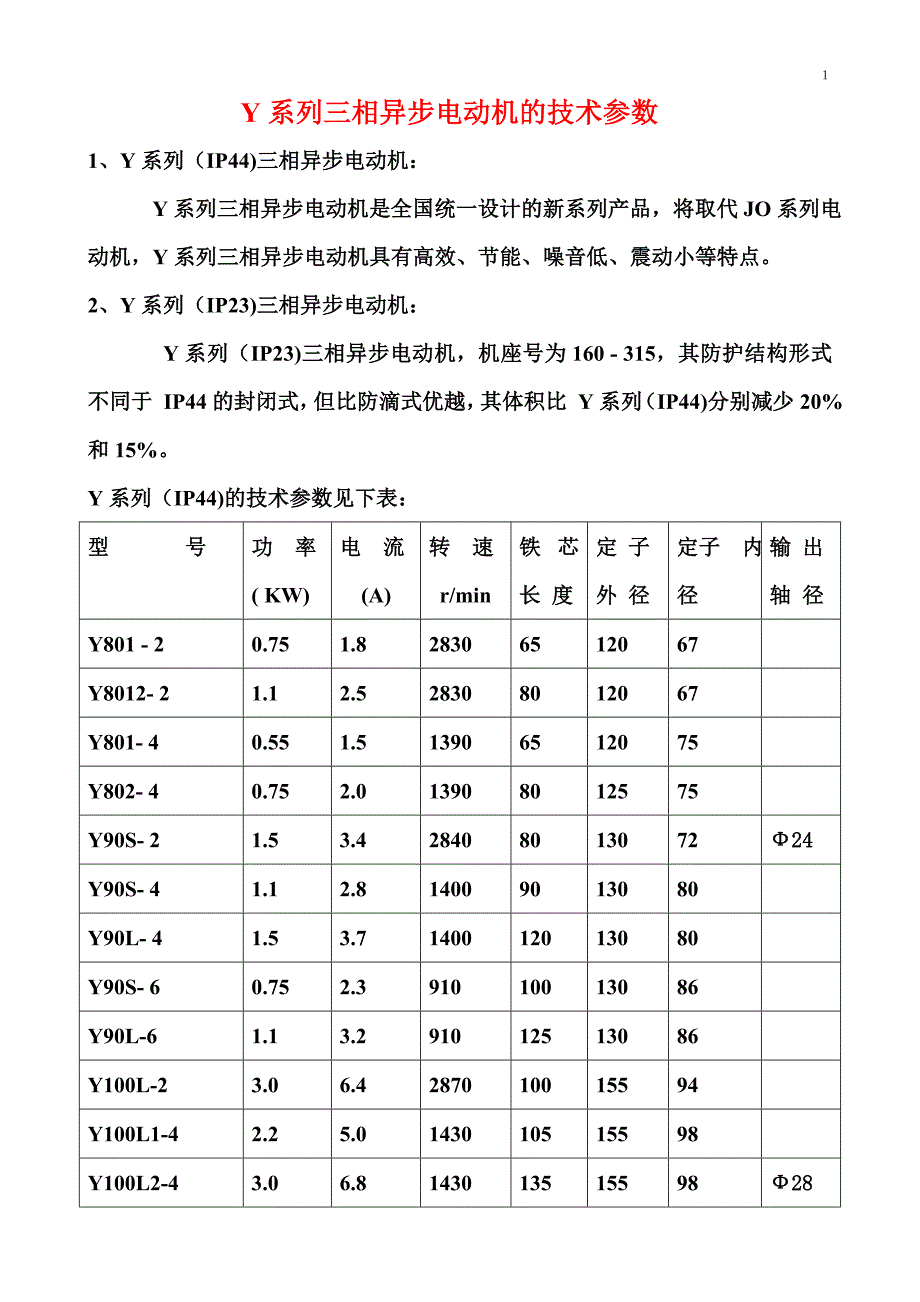 y系列三相异步电动机的技术参数_第1页