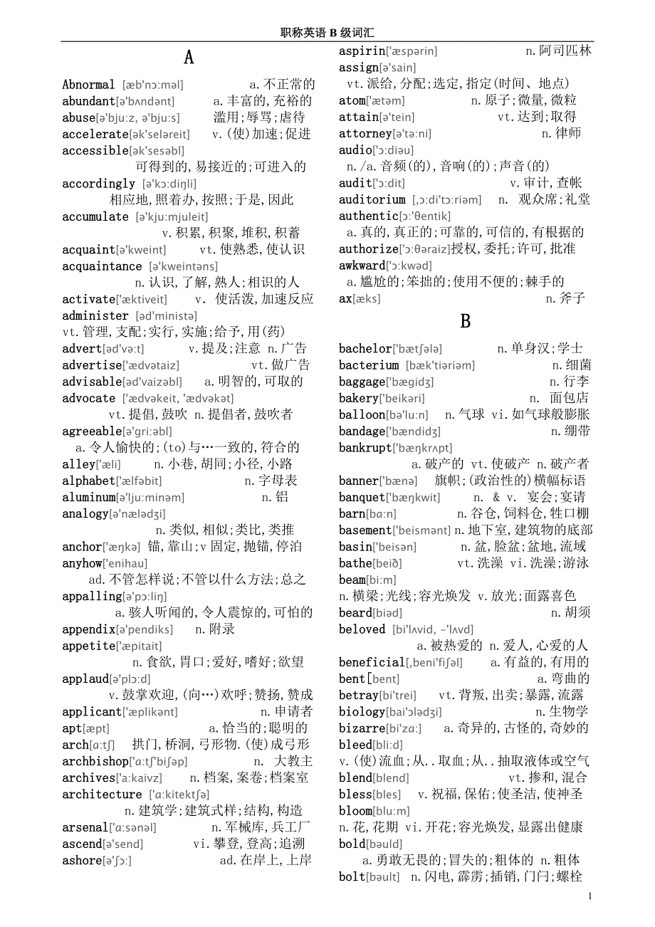 整理过的职称英语考试b级词汇(含音标)_第1页