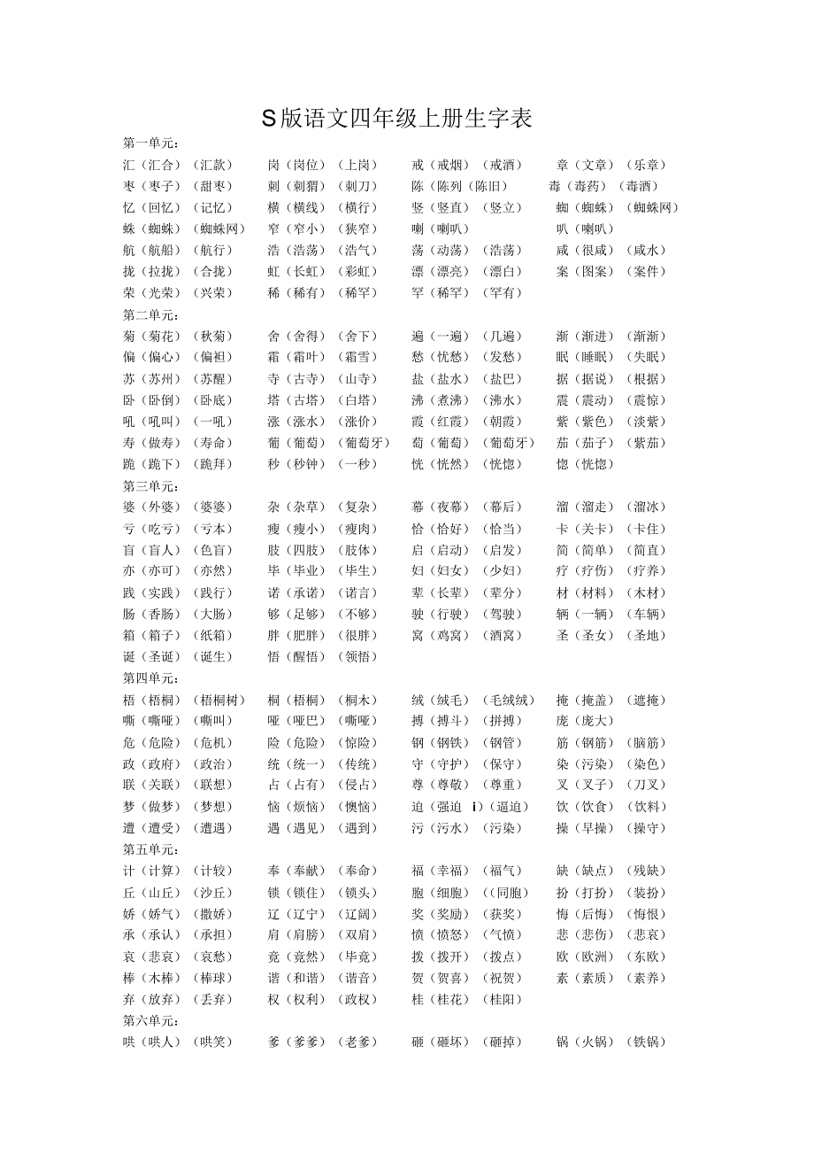 s版语文四年级上册生字表_第1页