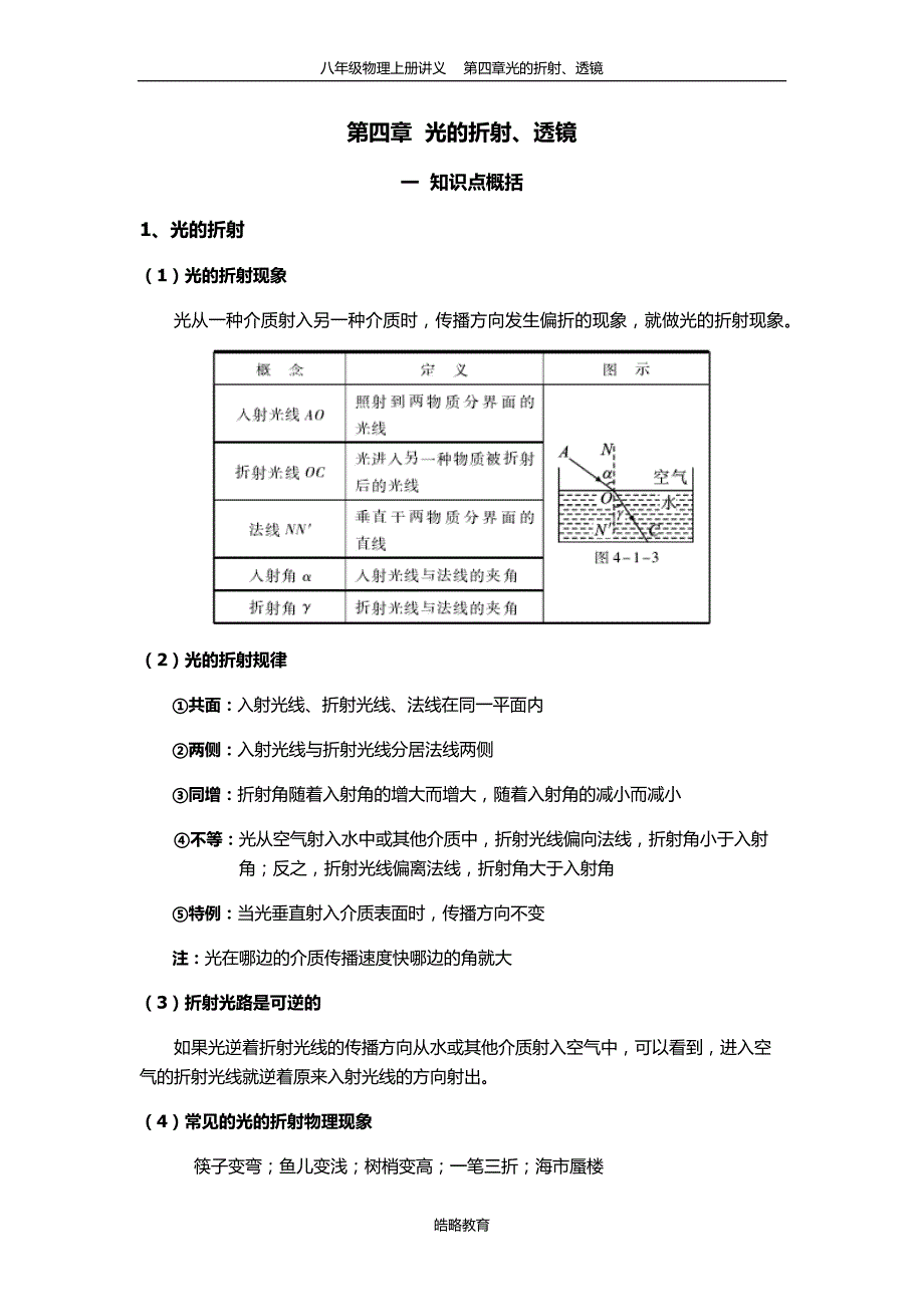 八年级物理上册光的折射、透镜讲义_第1页