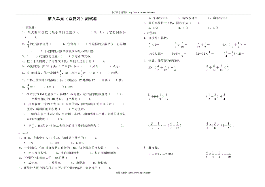 【优品课件】《第八单元总复习》单元测试卷(新课标人教版六年级上)_第1页