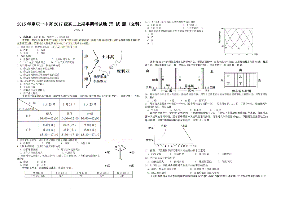 重庆市2015-2016学年高二期中试题 地理(文) word版含答案_第1页